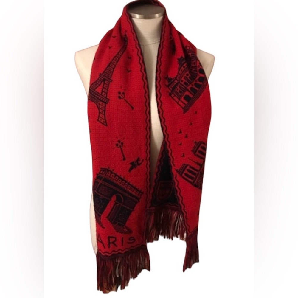 Paris Scarf Red Black Reversible Eiffel Tower Arc de Triomphe Fringe Travel